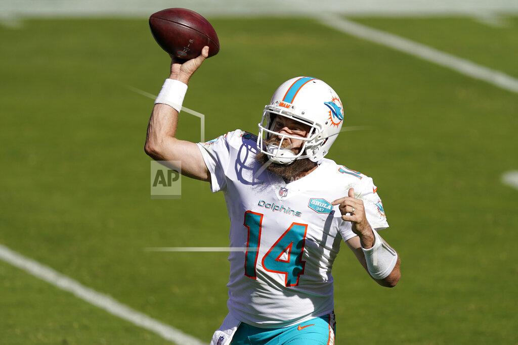 Tony Avelar Miami Dolphins quarterback Ryan Fitzpatrick (14) passes against the San Francisco 49ers during the second half of an NFL football game in Santa Clara, Calif., Sunday, Oct. 11, 2020. (AP Photo/Tony Avelar)