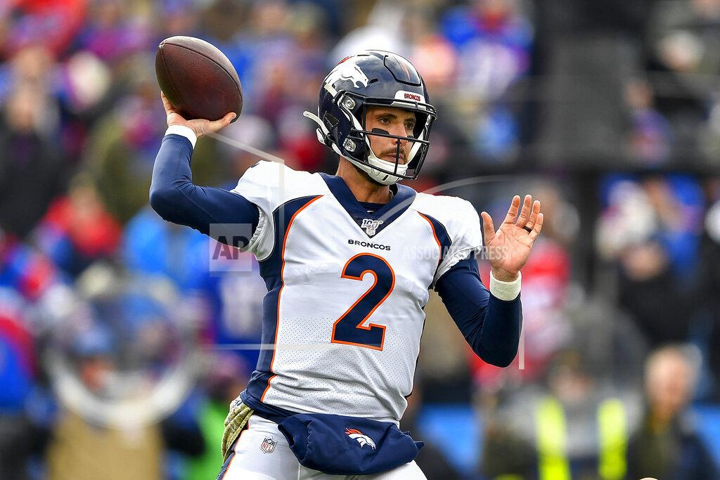 Adrian Kraus Denver Broncos quarterback Brandon Allen (2) passes against the Buffalo Bills during the first quarter of an NFL football game, Sunday, Nov. 24, 2019, in Orchard Park, N.Y. (AP Photo/Adrian Kraus)