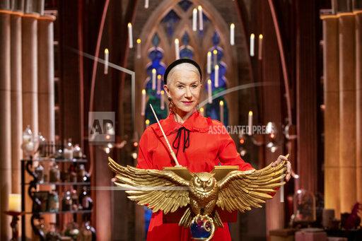 This image released by Turner Entertainment shows Helen Mirren hosting the quiz show "Harry Potter: Hogwarts Tournament of Houses." The weekly, four-part series debuts 8 p.m. EST Sundays on TBS and Cartoon Network. (Adam Rose/Turner Entertainment via AP)