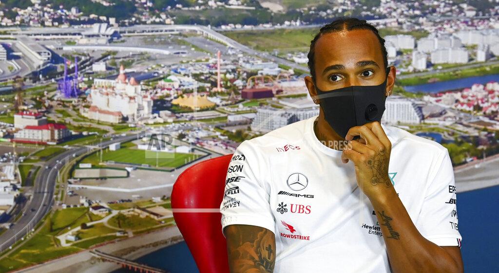 Mark Sutton Mercedes driver Lewis Hamilton of Britain attends a media conference prior to the Russian Formula One Grand Prix, at the Sochi Autodrom circuit, in Sochi, Russia, Thursday, Sept. 24, 2020. The Russian Formula One Grand Prix will take place on Sunday, Sept. 27, 2020. (Mark Sutton, Pool via AP)