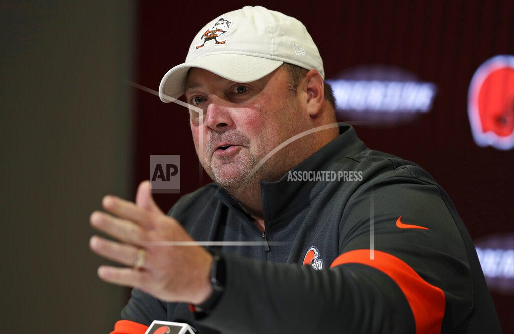 Cleveland Browns head coach Freddie Kitchens answers questions during a news conference at the NFL football team's training camp facility, Wednesday, July 24, 2019, in Berea, Ohio. (AP Photo/Tony Dejak)