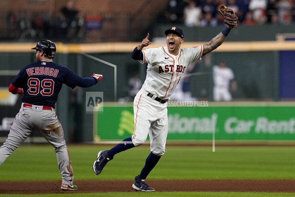 Tony Gutierrez Houston Astros shortstop Carlos Correa celebrates after tagging out Boston Red Sox's Alex Verdugo at second to end the top of the seventh inning in Game 6 of baseball's American League Championship Series Friday, Oct. 22, 2021, in Houston. (AP Photo/Tony Gutierrez)