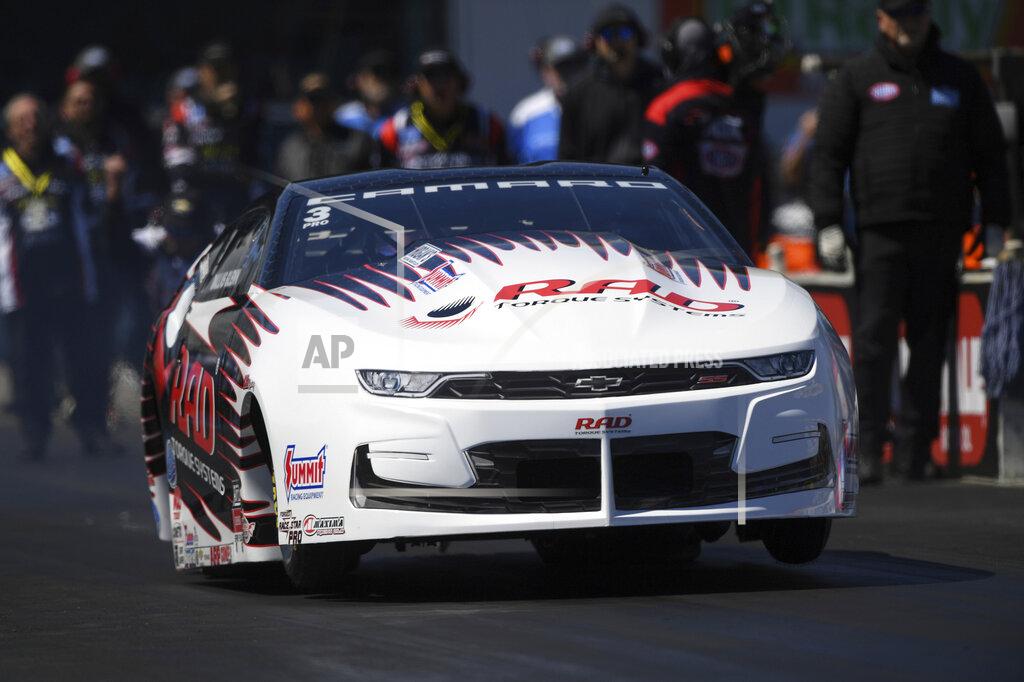Marc Gewertz In this photo provided by the NHRA, Dallas Glenn picks up the win at the Amalie Motor Oil NHRA Gatornationals Pro Stock auto race, in Gainesville, Fla., Sunday, March 13, 2022. (Marc Gewertz/NHRA via AP)