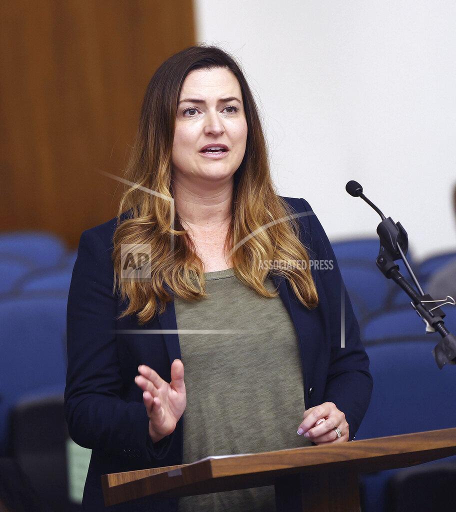 Frederick M. Brown Orange County Deputy District Attorney Jennifer Walker speaks during an appearance for David Chou, who appears remotely before Judge Cynthia M. Herrera in Santa Ana, Calif., on Tuesday, May 17, 2022, to be arraigned on capital murder and other charges for the shooting at Geneva Presbyterian Church in Laguna Woods earlier in the week. (Frederick M. Brown/Daily Mail.com via AP, Pool)