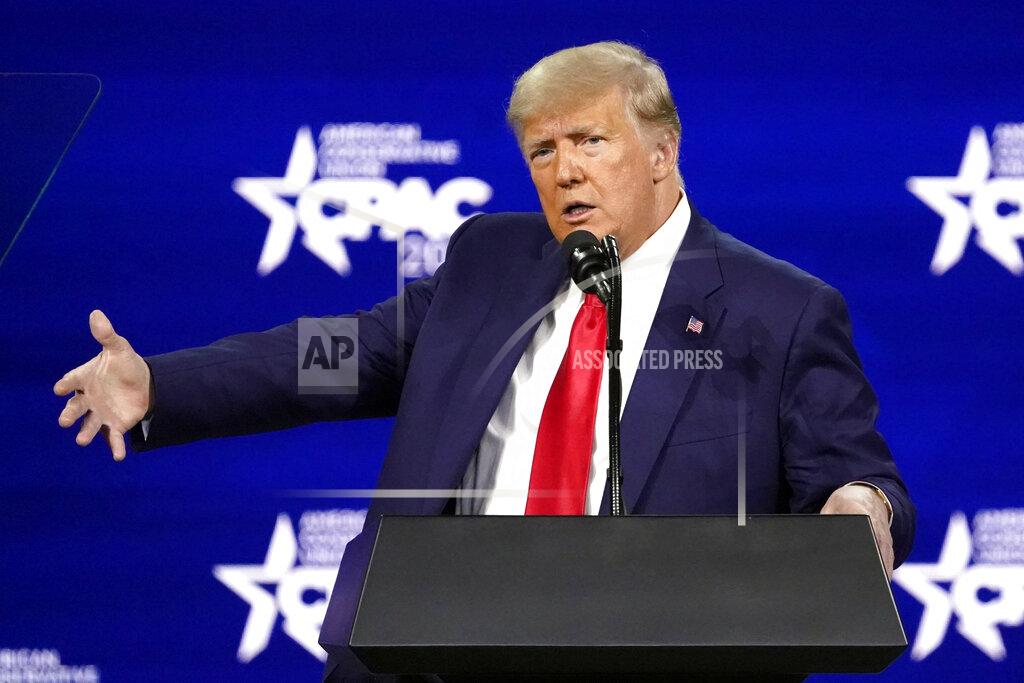John Raoux Former president Donald Trump speaks at the Conservative Political Action Conference (CPAC) Sunday, Feb. 28, 2021, in Orlando, Fla. (AP Photo/John Raoux)