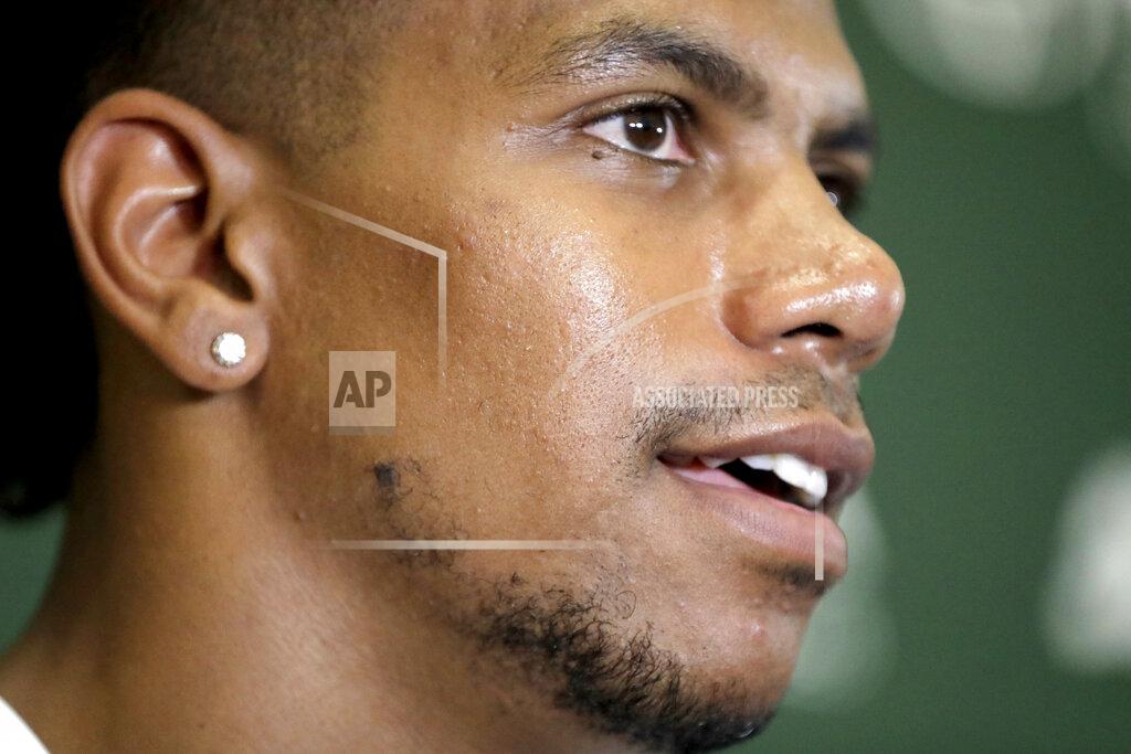 Julio Cortez FILE - In this July 27, 2018, file photo, New York Jets wide receiver Terrelle Pryor talks to reporters during NFL football training camp in Florham Park, N.J. Allegheny County, Pa., District Attorney spokesman Mike Manko confirmed Saturday, Nov. 30, 2019, that Pryor, a free agent, was the victim of a stabbing, but said he had no other information, such as Pryor’s condition or where and when the stabbing occurred. (AP Photo/Julio Cortez, File)