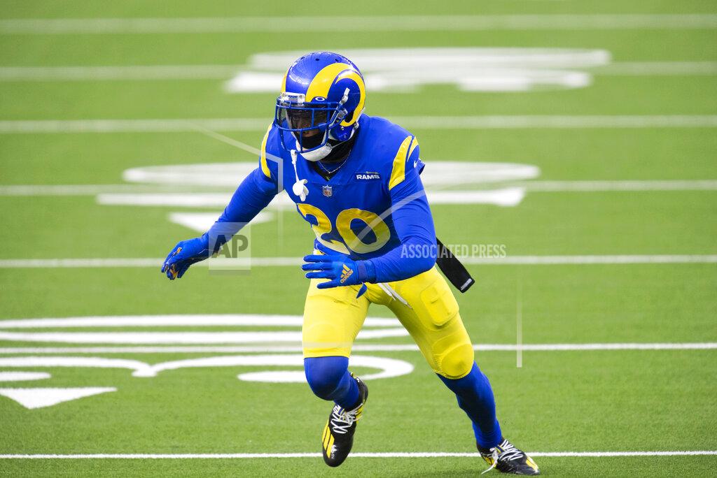 Kyusung Gong FILE - In this Nov. 29, 2020, file photo, Los Angeles Rams cornerback Jalen Ramsey (20) follows the action during an NFL football game against the San Francisco 49ers in Inglewood, Calif. Ramsey has switched numbers this year, opting to wear No. 5. (AP Photo/Kyusung Gong, File)