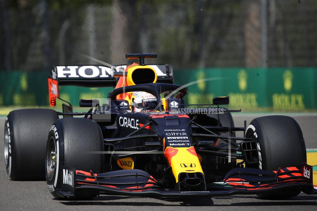Luca Bruno Red Bull driver Max Verstappen of the Netherlands steers his car during free practice for Sunday's Emilia Romagna Formula One Grand Prix, at the Imola track, Italy, Friday, April 16, 2021. (AP Photo/Luca Bruno)