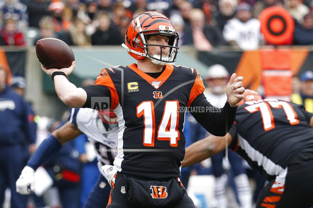 Frank Victores Cincinnati Bengals quarterback Andy Dalton (14) passes in the first half of an NFL football game against the New England Patriots, Sunday, Dec. 15, 2019, in Cincinnati. (AP Photo/Frank Victores)