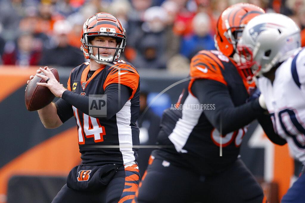Gary Landers Cincinnati Bengals quarterback Andy Dalton (14) passes in the first half of an NFL football game against the New England Patriots, Sunday, Dec. 15, 2019, in Cincinnati. (AP Photo/Gary Landers)