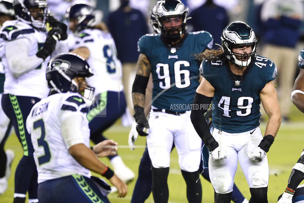 Derik Hamilton Philadelphia Eagles' Alex Singleton (49) reacts after a tackle during the second half of an NFL football game against the Seattle Seahawks, Monday, Nov. 30, 2020, in Philadelphia. (AP Photo/Derik Hamilton)