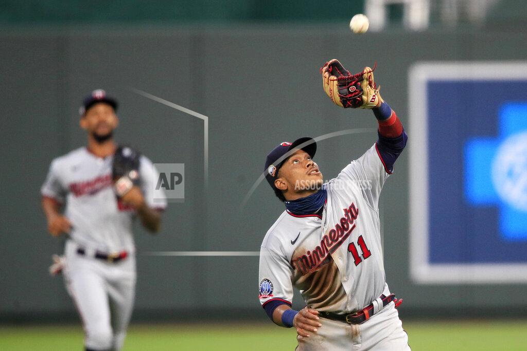 Orlin Wagner Minnesota Twins shortstop Jorge Polanco (11) catches a fly ball hit by Kansas City Royals Jorge Soler during the third inning of a baseball game at Kauffman Stadium in Kansas City, Mo., Friday, Aug. 7, 2020. (AP Photo/Orlin Wagner)