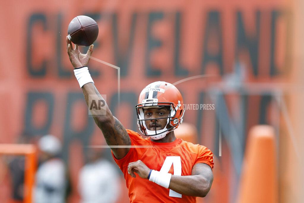 Ron Schwane FILE - Cleveland Browns quarterback Deshaun Watson throws a pass during an NFL football practice at the team's training facility, May 25, 2022, in Berea, Ohio. The NFL suspended Watson for six games on Monday, Aug. 1, 2022 for violating its personal conduct policy following accusations of sexual misconduct made against him by two dozen women in Texas, two people familiar with the decision said. (AP Photo/Ron Schwane, File)