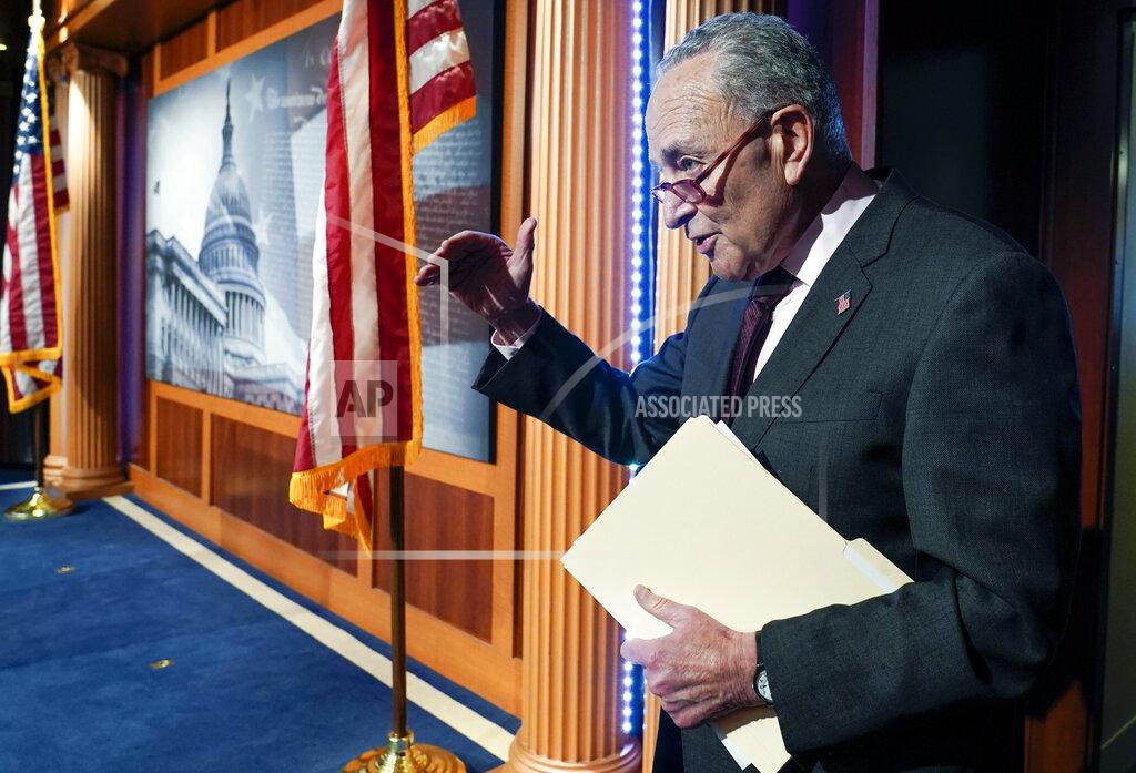 Mariam Zuhaib Senate Majority Leader Chuck Schumer of N.Y., answers one final question before leaving after a news conference Friday, Aug. 5, 2022, at the Capitol Hill in Washington. (AP Photo/Mariam Zuhaib)