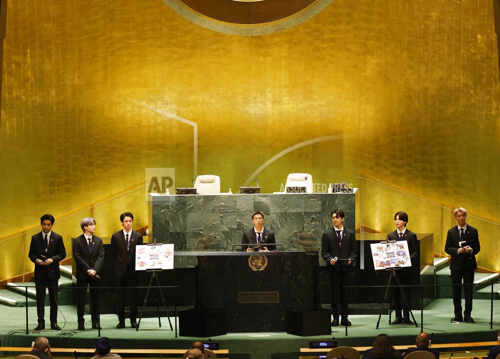 John Angelillo ADDS IDS - Members of South Korean K-pop band BTS, from left, V, Suga, Jin, RM, Jung Kook, Jimin and J-Hope appear at the United Nations meeting on Sustainable Development Goals during the 76th session of the U.N. General Assembly at U.N. headquarters on Monday, Sept. 20, 2021. (John Angelillo/Pool Photo via AP)