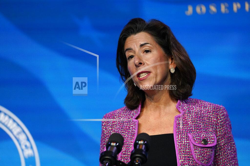 Susan Walsh President-elect Joe Biden's nominee for Secretary of Commerce, Rhode Island Gov. Gina Raimondo speaks during an event at The Queen theater in Wilmington, Del., Friday, Jan. 8, 2021. (AP Photo/Susan Walsh)
