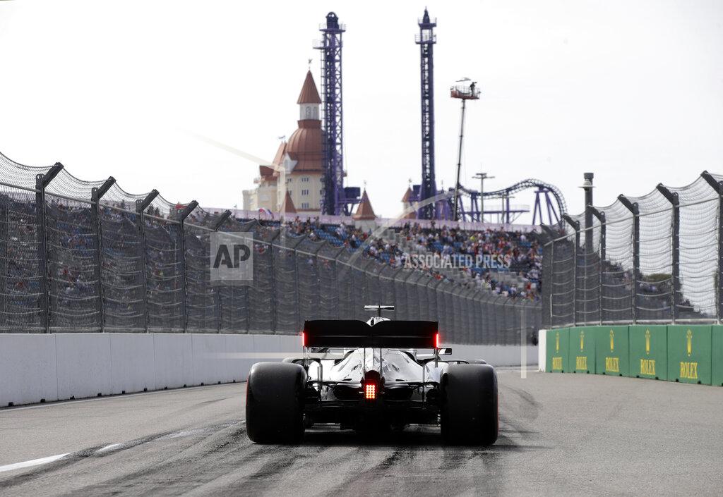 Luca Bruno Mercedes driver Lewis Hamilton of Britain steers his car during the first free practice at the 'Sochi Autodrom' Formula One circuit, in Sochi, Russia, Friday, Sept. 27, 2019. The Formula one race will be held on Sunday. (AP Photo/Luca Bruno)