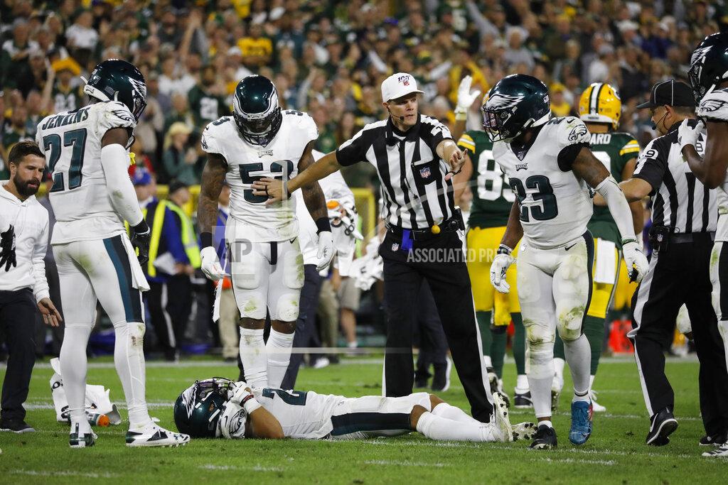 Jeffrey Phelps Philadelphia Eagles cornerback Avonte Maddox lies injured on the field during the second half of the team's NFL football game against the Green Bay Packers on Thursday, Sept. 26, 2019, in Green Bay, Wis. Philadelphia won 34-27. (AP Photo/Jeffrey Phelps)
