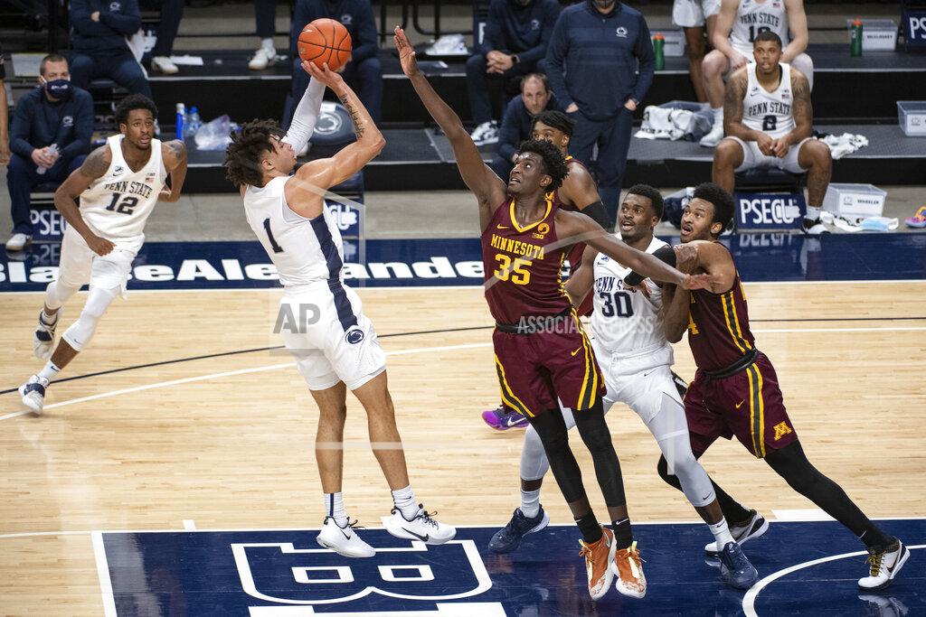 Noah Riffe Penn State forward Seth Lundy (1) shoots against Minnesota during an NCAA college basketball game Wednesday, March 3, 2021, in State College, Pa. (Noah Riffe/Centre Daily Times via AP)
