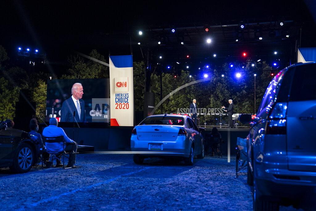 Carolyn Kaster Democratic presidential candidate former Vice President Joe Biden participates in a CNN drive-in town hall moderated by Anderson Cooper in Moosic, Pa., Thursday, Sept. 17, 2020. (AP Photo/Carolyn Kaster)