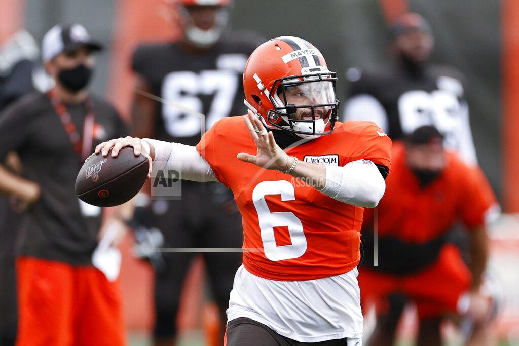 Ron Schwane FILE - Cleveland Browns quarterback Baker Mayfield throws a pass during practice at the NFL football team's training facility Monday, Aug. 17, 2020, in Berea, Ohio. This is a huge season for Mayfield, who stumbled in his second year and finished near the league’s bottom in numerous statistical categories. The Browns play the Cleveland Browns on Sunday, Sept. 13. (AP Photo/Ron Schwane, File)