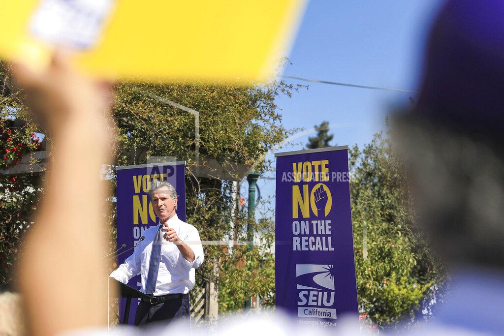 Shae Hammond California Gov. Gavin Newsom speaks during a rally at St. Mary's Center in Oakland, Calif., Saturday, Sept. 11, 2021. The last day to vote in the recall election is Tuesday, Sept. 14. A majority of voters must mark "no" on the recall to keep Newsom in office. (Shae Hammond/Bay Area News Group via AP)