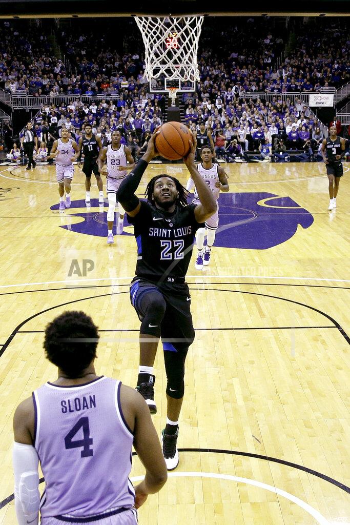 Charlie Riedel Saint Louis' Terrence Hargrove Jr. (22) dunks during the second half of an NCAA college basketball game against Kansas State, Saturday, Dec. 21, 2019, in Kansas City, Mo. (AP Photo/Charlie Riedel)