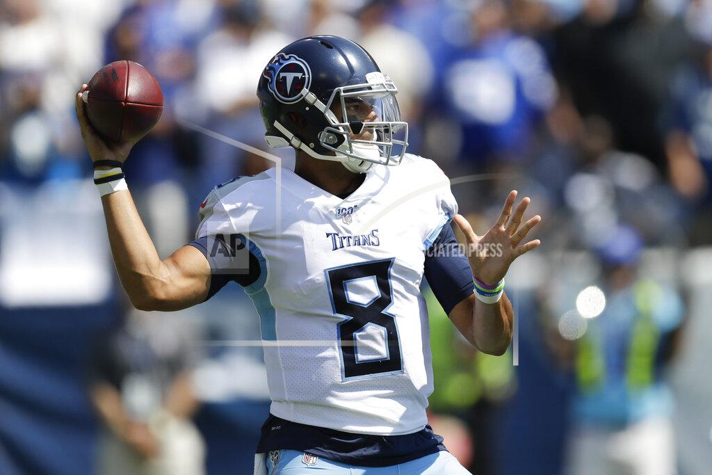James Kenney Tennessee Titans quarterback Marcus Mariota passes against the Indianapolis Colts in the first half of an NFL football game Sunday, Sept. 15, 2019, in Nashville, Tenn. (AP Photo/James Kenney)