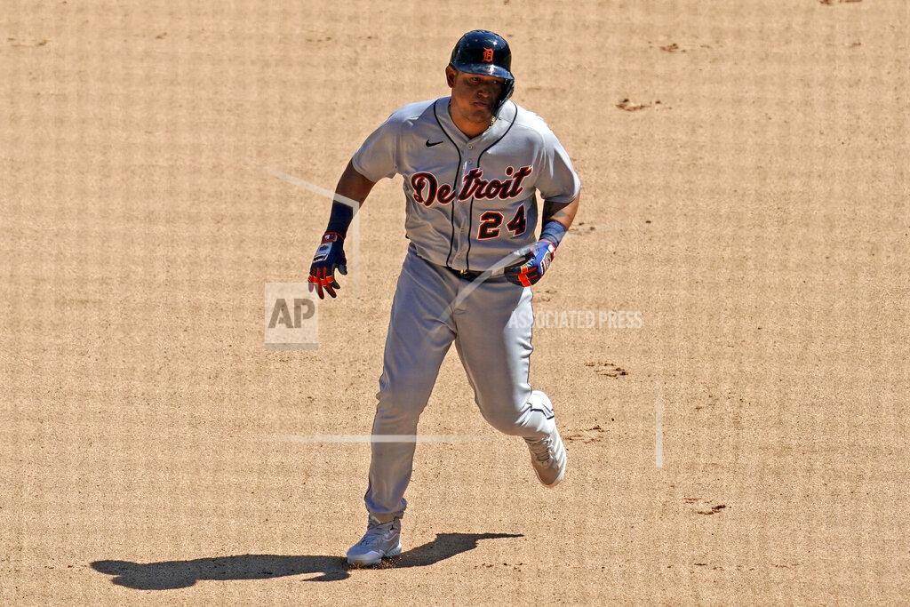 Nam Y. Huh Detroit Tigers' Miguel Cabrera rounds the bases after hitting a solo home run during the sixth inning of a baseball game against the Chicago White Sox in Chicago, Saturday, June 5, 2021. (AP Photo/Nam Y. Huh)