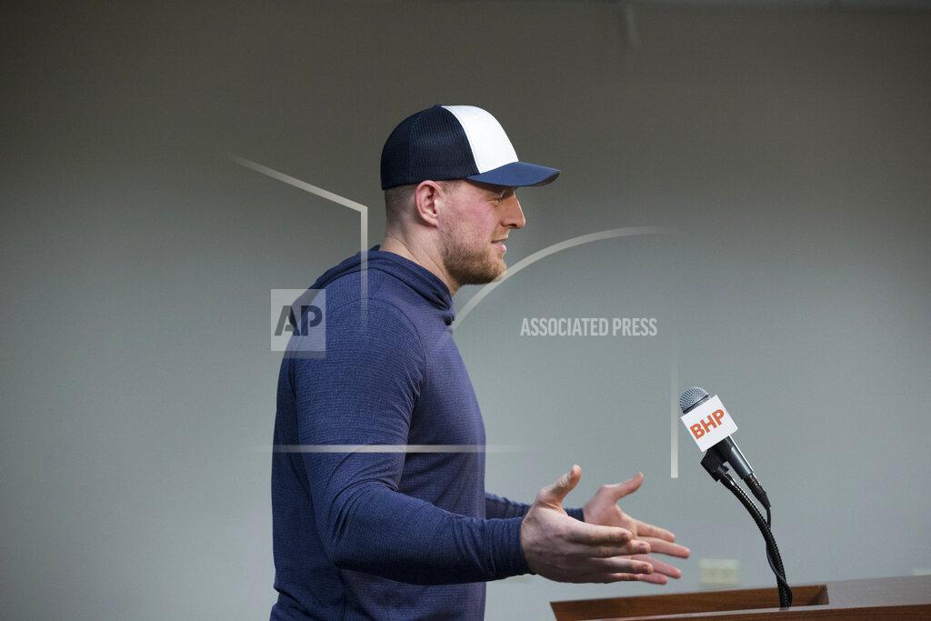 Houston Texans J.J. Watt speaks during a press conference on Tuesday, Dec. 24, 2019, in Houston. Watt will return to practice with the Houston Texans on Tuesday, clearing the way for the star defensive end to play in the team's playoff game in two weeks. (Yi-Chin Lee/Houston Chronicle via AP)