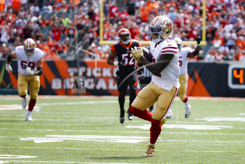 Frank Victores San Francisco 49ers wide receiver Marquise Goodwin (11) runs in a touchdown during the first half an NFL football game against the Cincinnati Bengals, Sunday, Sept. 15, 2019, in Cincinnati. (AP Photo/Frank Victores)