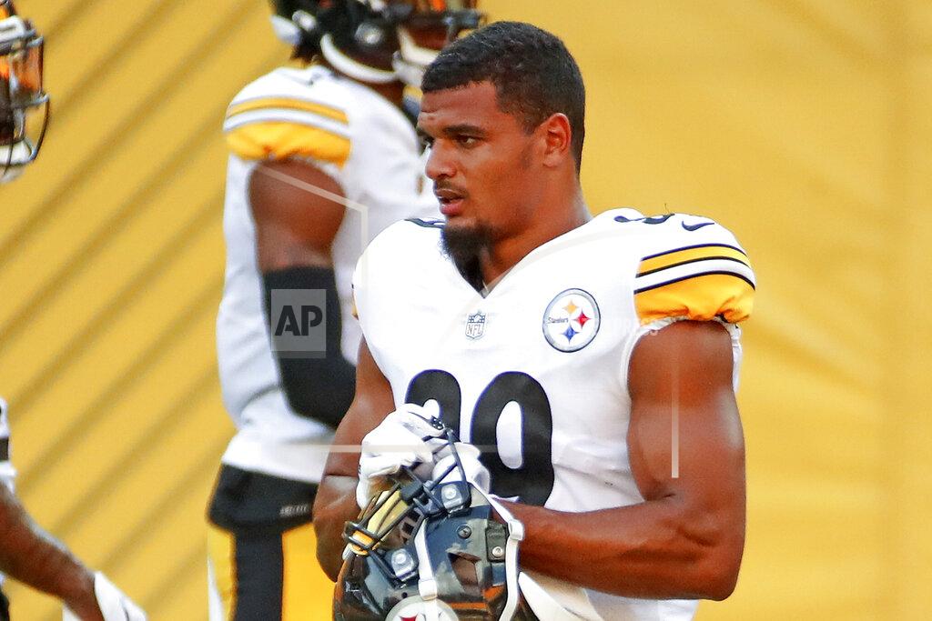 File-Pittsburgh Steelers safety Minkah Fitzpatrick (39) during practice at NFL football training camp in Pittsburgh, Saturday, Aug. 22, 2020. (AP Photo/Gene J. Puskar, File)