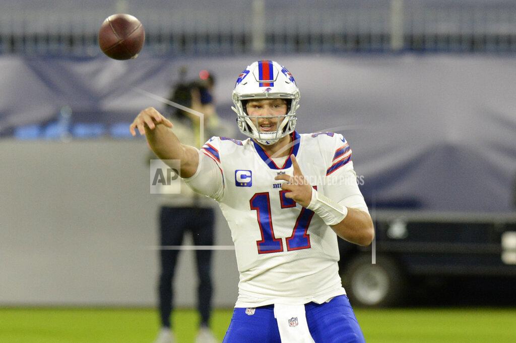 Mark Zaleski Buffalo Bills quarterback Josh Allen (17) passes against the Tennessee Titans in the first half of an NFL football game Tuesday, Oct. 13, 2020, in Nashville, Tenn. (AP Photo/Mark Zaleski)