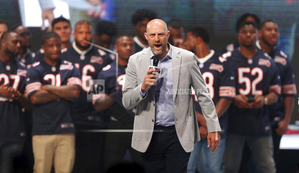 In this Friday, June 7, 2019 photo, Chicago Bears head coach Matt Nagy speaks during the Bears100 Celebration Weekend at the Donald E. Stephens Convention Center in Rosemont, Ill. (Chris Sweda/Chicago Tribune via AP)