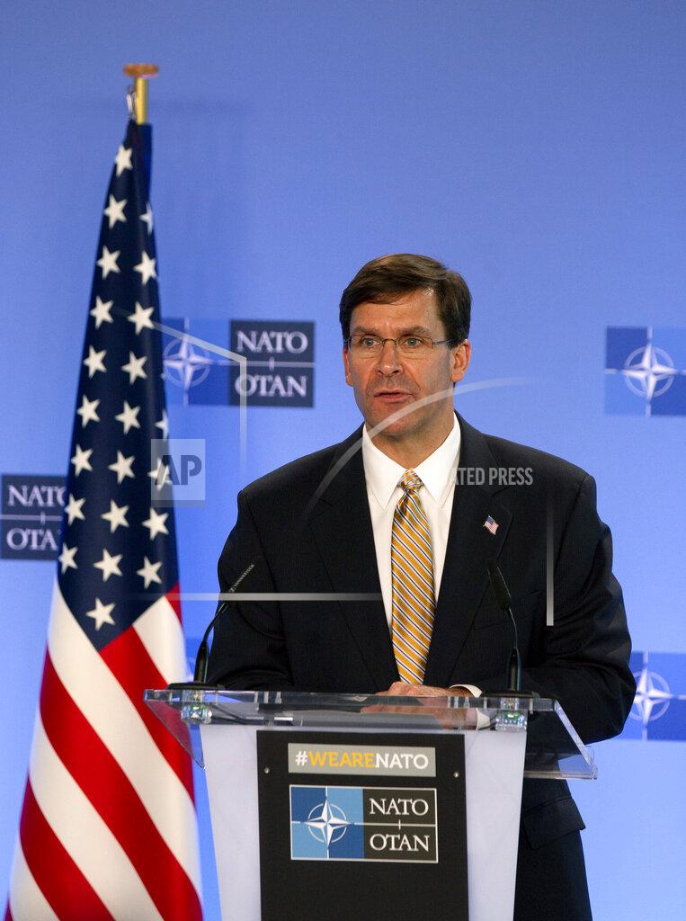 Virginia Mayo U.S. Secretary of Defense Mark Esper speaks during a joint press conference with NATO Secretary General Jens Stoltenberg at NATO headquarters in Brussels, Friday, June 26, 2020. U.S. Secretary of Defense Mark Esper is at NATO to follow-up on a broad range of issues raised during last week's NATO defense ministerial. (AP Photo/Virginia Mayo, Pool)