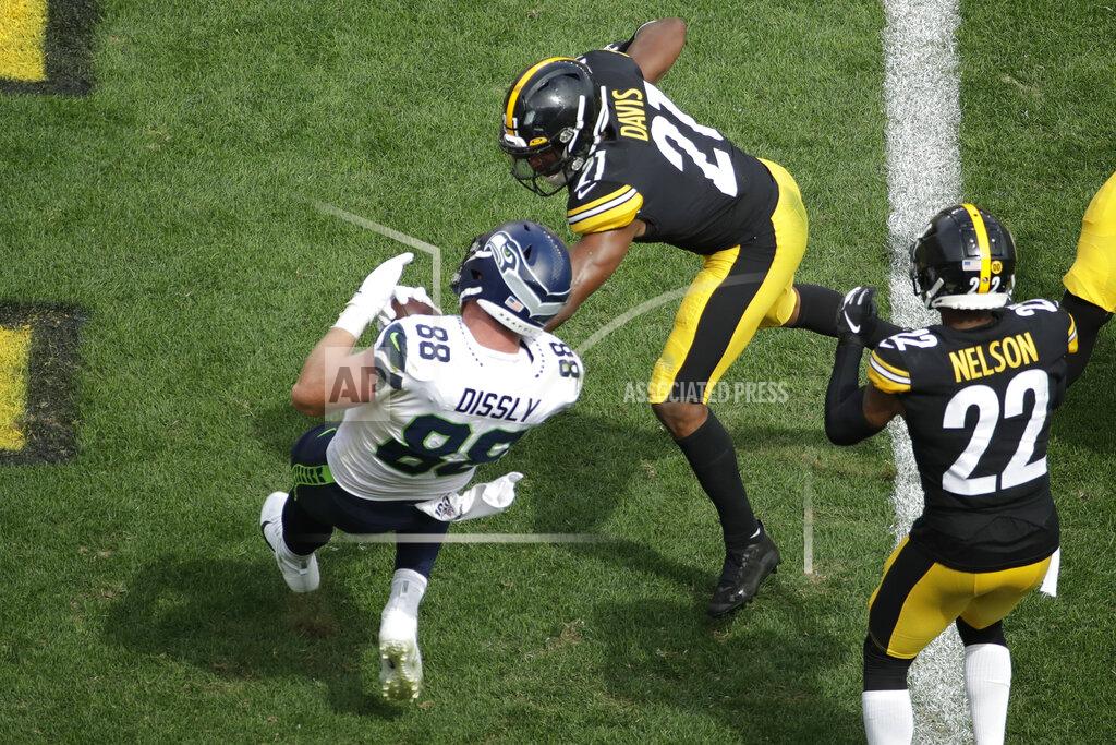 Gene J. Puskar Seattle Seahawks tight end Will Dissly (88) makes a touchdown catch past Pittsburgh Steelers free safety Sean Davis (21) and cornerback Steven Nelson (22) in the second half of an NFL football game, Sunday, Sept. 15, 2019, in Pittsburgh. (AP Photo/Gene J. Puskar)