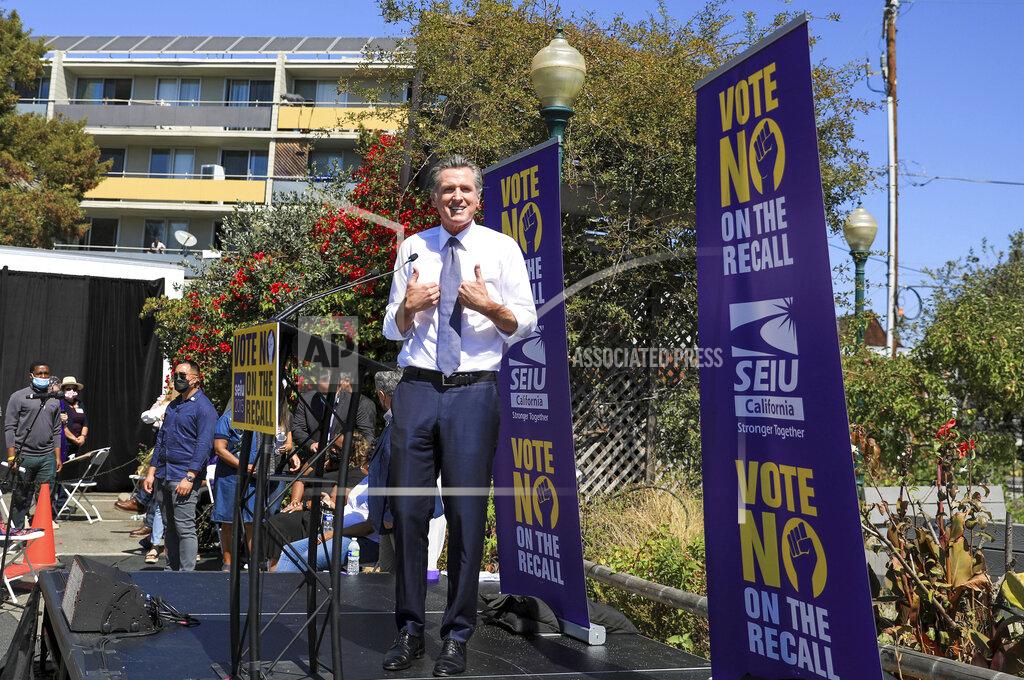 Shae Hammond California Gov. Gavin Newsom speaks during a rally at St. Mary's Center in Oakland, Calif., Saturday, Sept. 11, 2021. The last day to vote in the recall election is Tuesday, Sept. 14. A majority of voters must mark "no" on the recall to keep Newsom in office. (Shae Hammond/Bay Area News Group via AP)