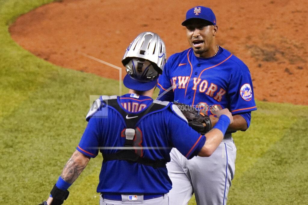 Lynne Sladky New York Mets catcher Tomás Nido (3) and relief pitcher Edwin Diaz celebrate after defeating the Miami Marlins 8-3 during a baseball game, Tuesday, Aug. 18, 2020, in Miami. (AP Photo/Lynne Sladky)