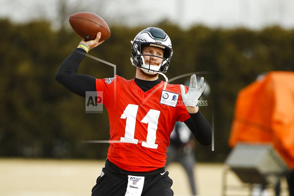 Matt Rourke Philadelphia Eagles quarterback Carson Wentz throws a pass at the NFL football team's practice facility in Philadelphia, Thursday, Jan. 2, 2020. The Seattle Seahawks travel to Philadelphia to play the Eagles in an NFC wild-card matchup on Sunday. (AP Photo/Matt Rourke)