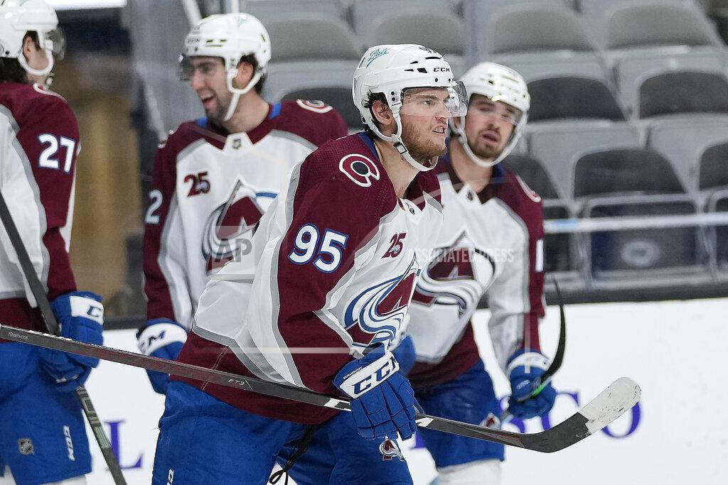Tony Avelar Colorado Avalanche left wing Andre Burakovsky (95) smiles as he skates back to the bench after scoring a goal against the San Jose Sharks during the second period of an NHL hockey game in San Jose, Calif., on Wednesday, May 5, 2021. (AP Photo/Tony Avelar)