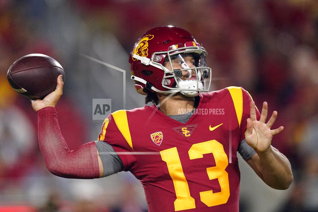 Mark J. Terrill Southern California quarterback Caleb Williams passes during the first half of an NCAA college football game against Arizona State Saturday, Oct. 1, 2022, in Los Angeles. (AP Photo/Mark J. Terrill)