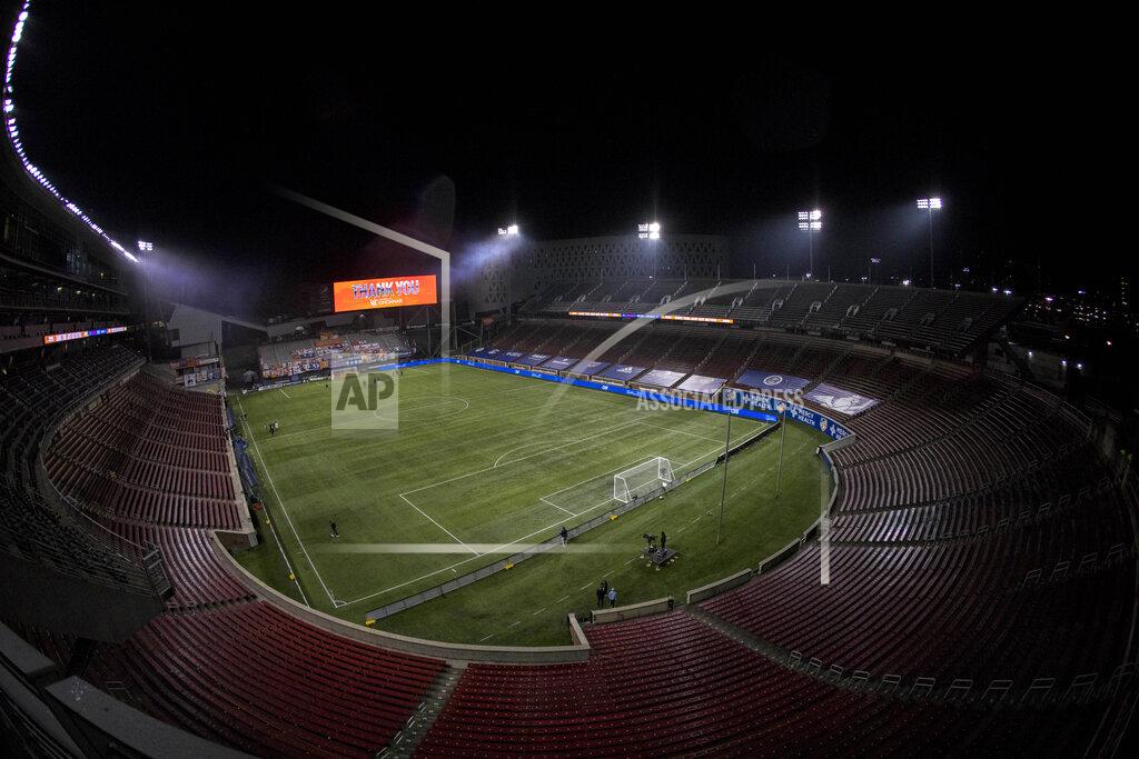 Albert Cesare A message thanking fans is posted on the video board in the second half of the MLS soccer match between Sporting Kansas City and FC Cincinnati, Wednesday, Oct. 28, 2020, in Cincinnati. (Albert Cesare/The Cincinnati Enquirer via AP)