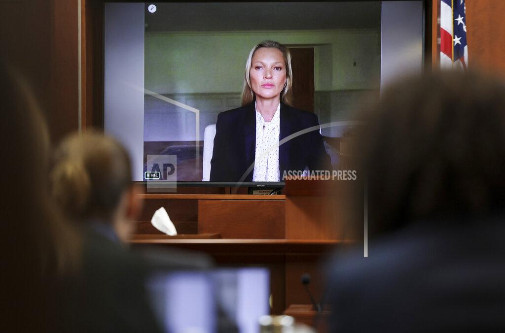 Evelyn Hockstein Model Kate Moss, a former girlfriend of actor Johnny Depp, testifies via video link at the Fairfax County Circuit Courthouse in Fairfax, Va., Wednesday, May 25, 2022. Depp sued his ex-wife Amber Heard for libel in Fairfax County Circuit Court after she wrote an op-ed piece in The Washington Post in 2018 referring to herself as a "public figure representing domestic abuse." (Evelyn Hockstein/Pool photo via AP)