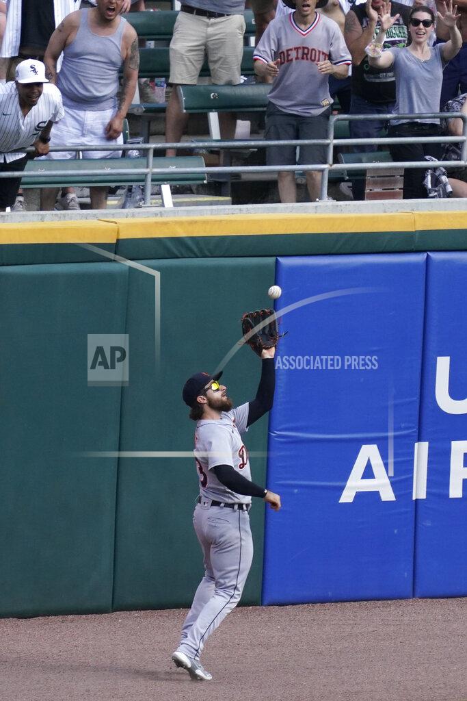 Nam Y. Huh Detroit Tigers left fielder Eric Haase catches a fly ball hit by Chicago White Sox's Yermin Mercedes during the eighth inning of a baseball game in Chicago, Saturday, June 5, 2021. (AP Photo/Nam Y. Huh)