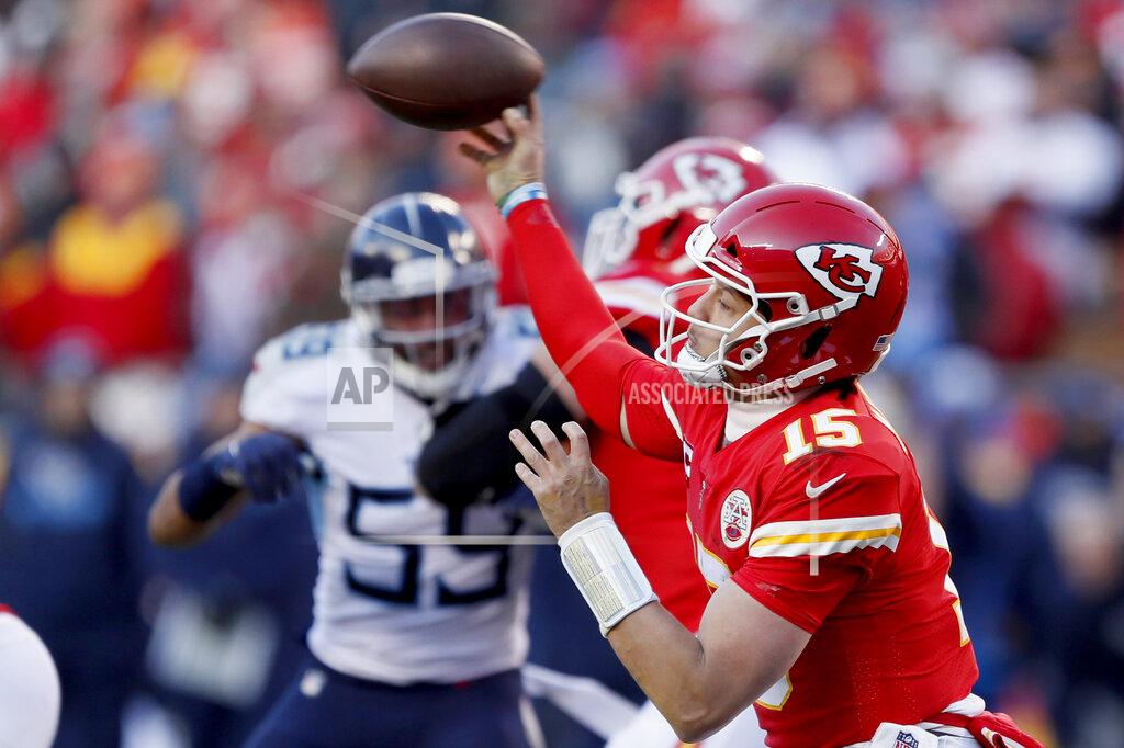 Charlie Neibergall Kansas City Chiefs' Patrick Mahomes throws during the second half of the NFL AFC Championship football game against the Tennessee Titans Sunday, Jan. 19, 2020, in Kansas City, MO. (AP Photo/Charlie Neibergall)