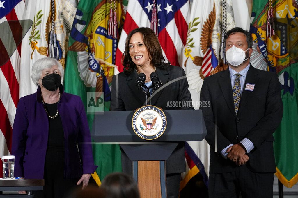 Susan Walsh Vice President Kamala Harris, center, flanked by Treasury Secretary Janet Yellen, left, and parent Nicholas Knight, from Annapolis., Md., right, speaks during an event at the Treasury Department in Washington, Wednesday, Sept. 15, 2021, to make the case for the Biden-Harris Administration's proposed investments in childcare that will benefit women, children, and working families. (AP Photo/Susan Walsh)