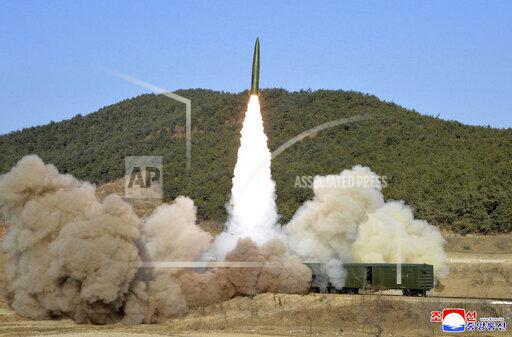 This photo provided on Saturday, Jan. 15, 2022, by the North Korean government shows a missile test from railway in North Pyongan Province, North Korea, on Jan. 14, 2022. North Korea on Jan. 15 said it test-launched ballistic missiles from a train in what was seen as an apparent retaliation against fresh sanctions imposed by the Biden administration. Independent journalists were not given access to cover the event depicted in this image distributed by the North Korean government. The content of this image is as provided and cannot be independently verified. Korean language watermark on image as provided by source reads: "KCNA" which is the abbreviation for Korean Central News Agency.(Korean Central News Agency/Korea News Service via AP)