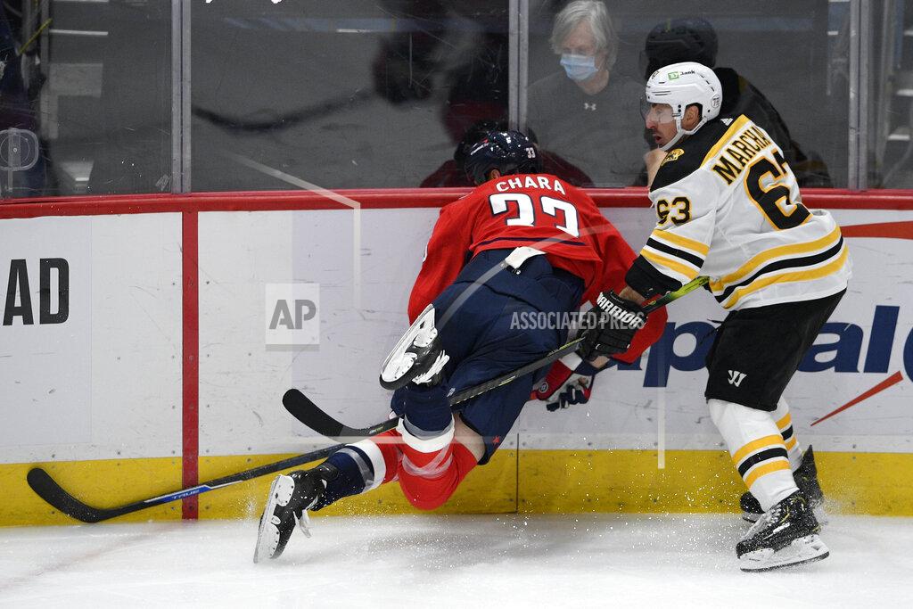 Nick Wass Washington Capitals defenseman Zdeno Chara (33) is tripped next to Boston Bruins left wing Brad Marchand (63) during the second period of an NHL hockey game, Monday, Feb. 1, 2021, in Washington. (AP Photo/Nick Wass)