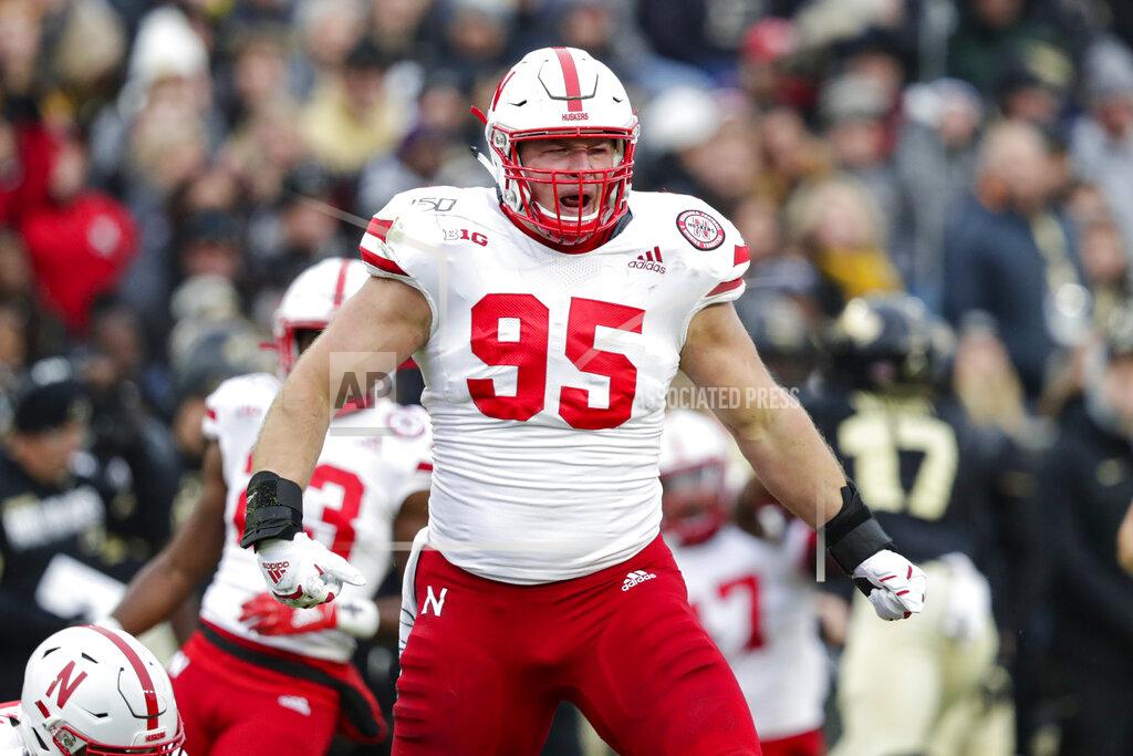 Michael Conroy Nebraska defensive lineman Ben Stille (95) celebrates a tackle against Purdue during the first half of an NCAA college football game in West Lafayette, Ind., Saturday, Nov. 2, 2019. (AP Photo/Michael Conroy)