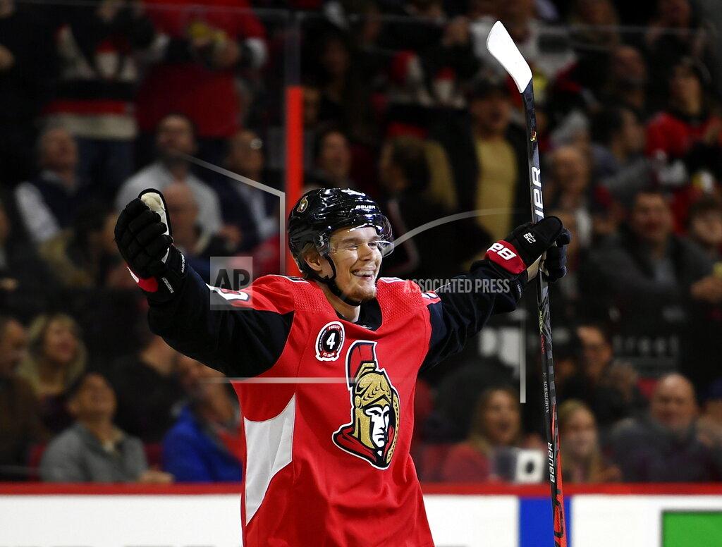Justin Tang Ottawa Senators left wing Vladislav Namestnikov (90) celebrates his goal during the first period of an NHL hockey game against the Buffalo Sabres, Tuesday, Feb. 18, 2020 in Ottawa, Ontario. (Justin Tang/the Canadian Press via AP)